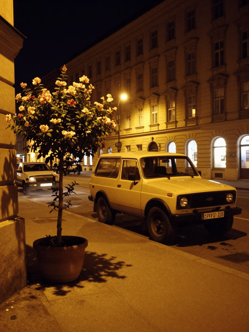 Late Night Vienna Street Scene with Flowering Plant and Vintage SUV in in Vienna, Austria