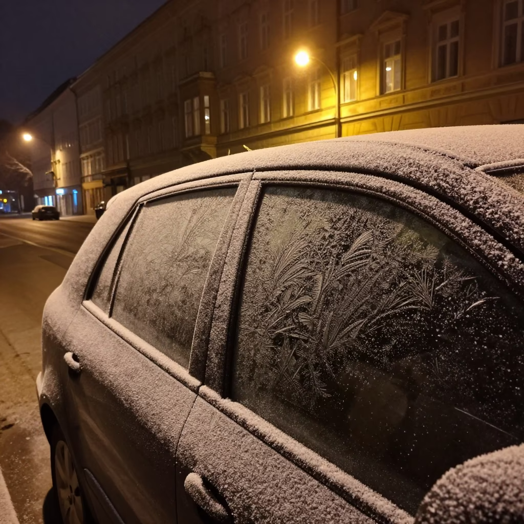 Late Night Vienna Street Scene with Frost on Car Window and Warm Cafe Light in in Vienna, Austria
