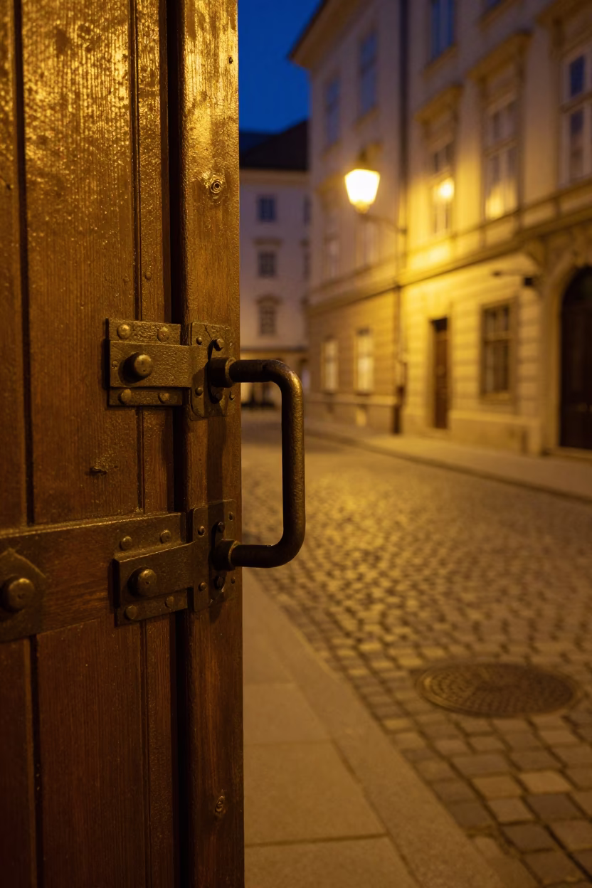 Late Night Vienna Street Scene with Iron Deadbolt and Porcelain Jars in Historic District in in Vienna, Austria