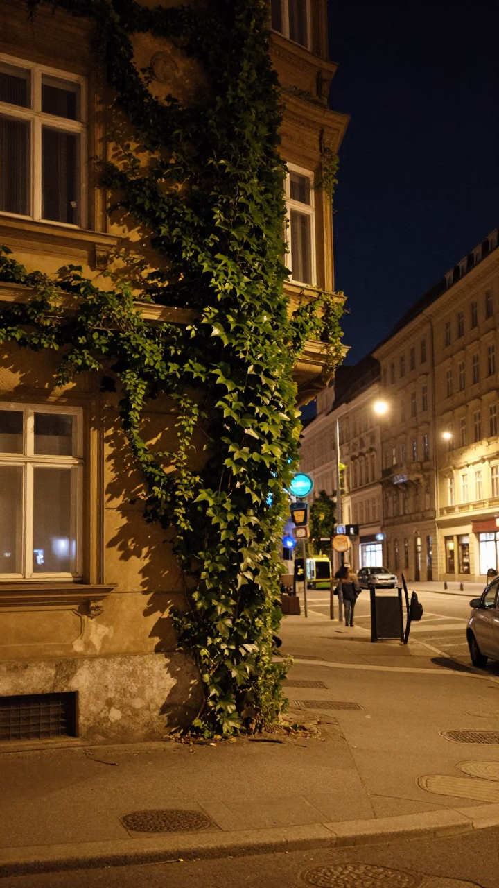 Late Night Vienna Street Scene with Ivy Vines and Door Handle in in Vienna, Austria