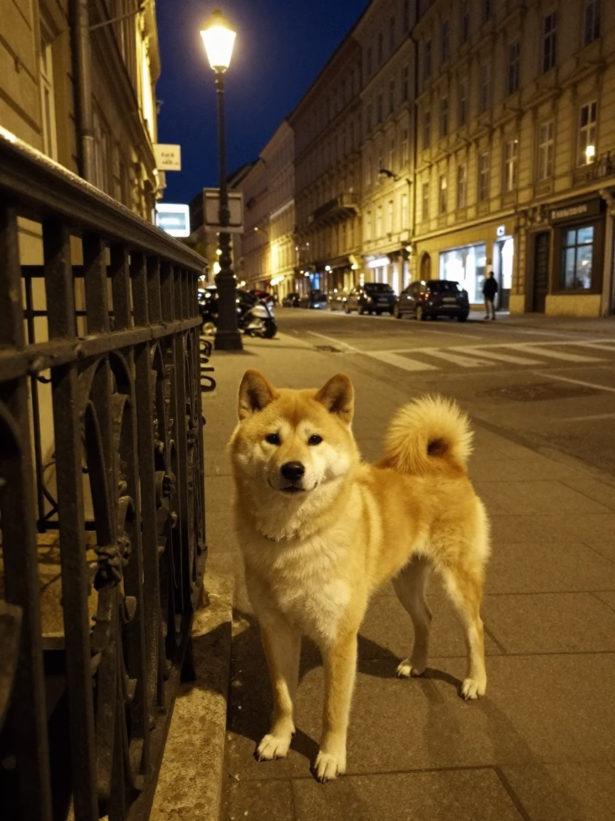 Late Night Vienna Street Scene with Korean Jindo Dog and Urban Details in in Vienna, Austria