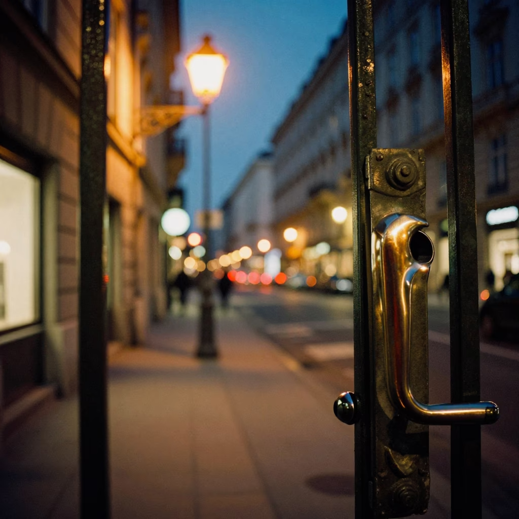 Late Night Vienna Street Scene with Lantern Light and Metal Gate Details in in Vienna, Austria