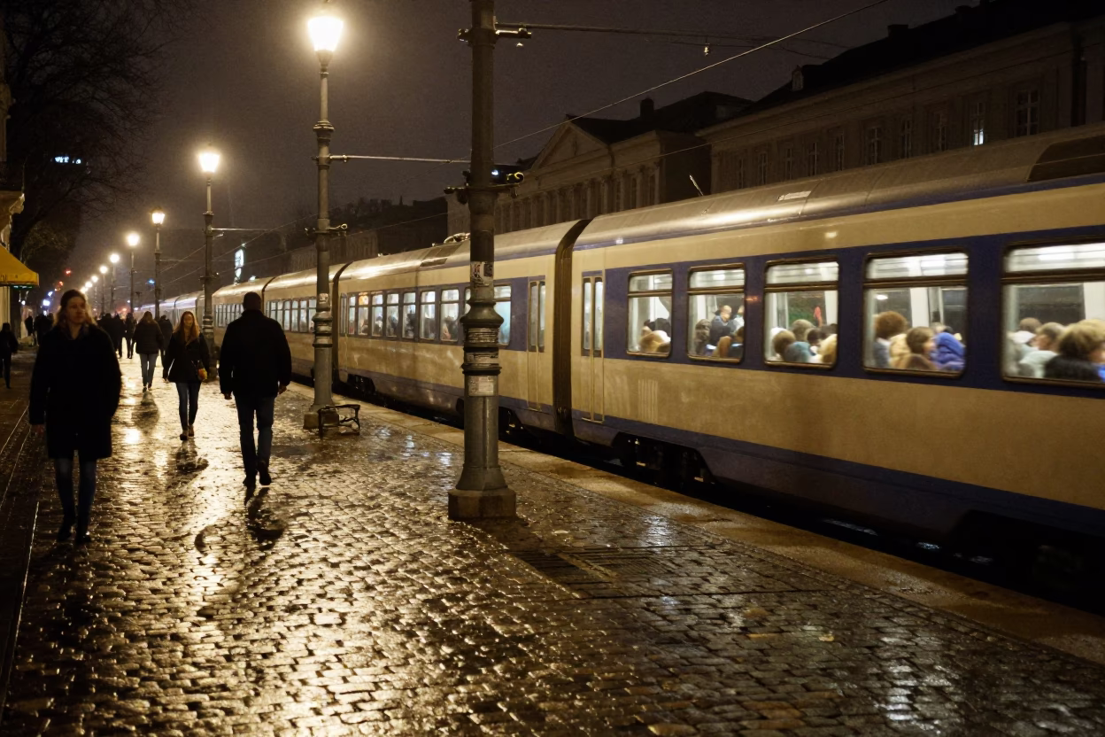 Late Night Vienna Street Scene with Lit Sleeper Train Crossing Dark Bridge in in Vienna, Austria