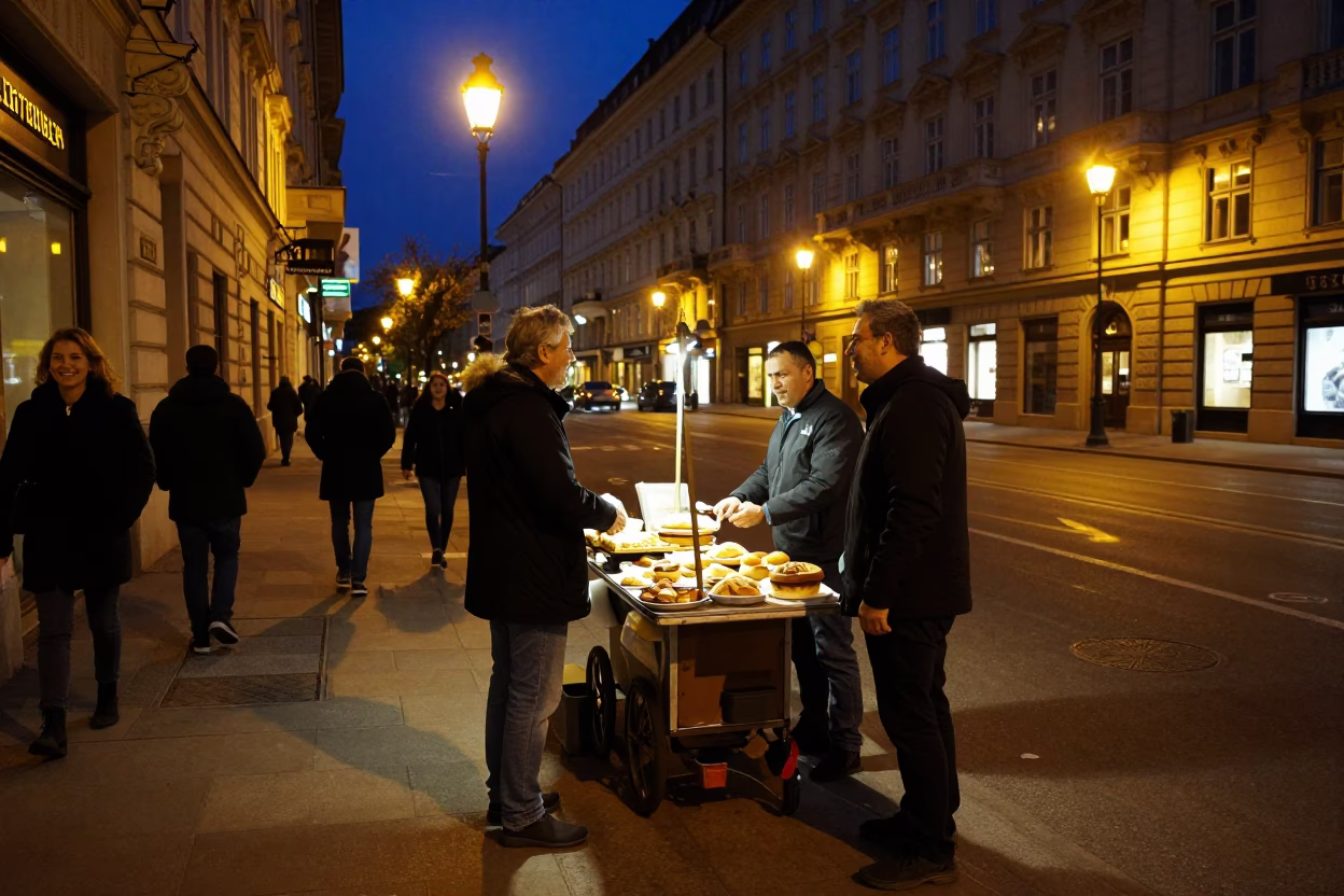 Late Night Vienna Street Scene with Local Vendor and Urban Details in in Vienna, Austria