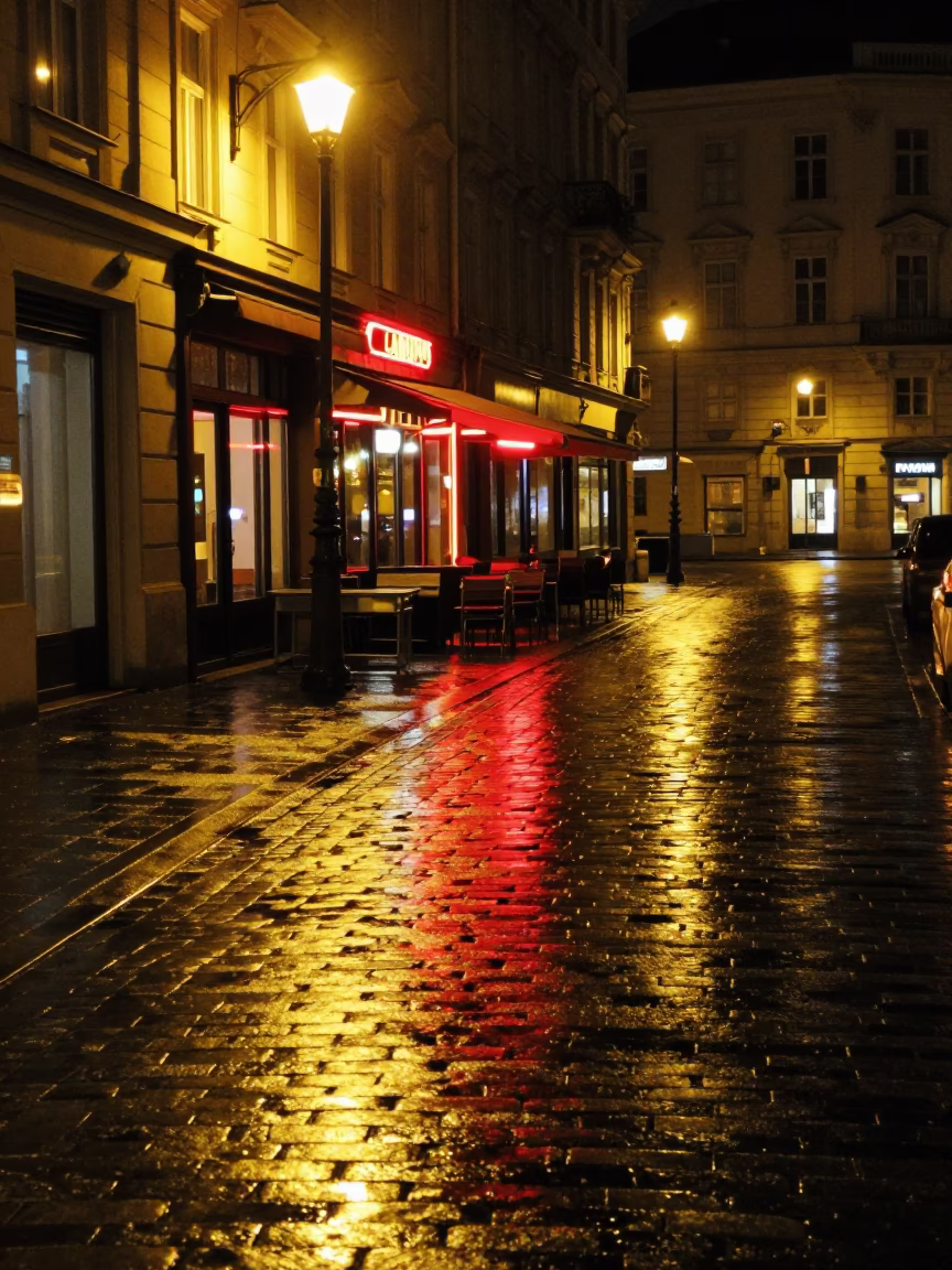 Late Night Vienna Street Scene with Neon Reflections and Urban Details in in Vienna, Austria