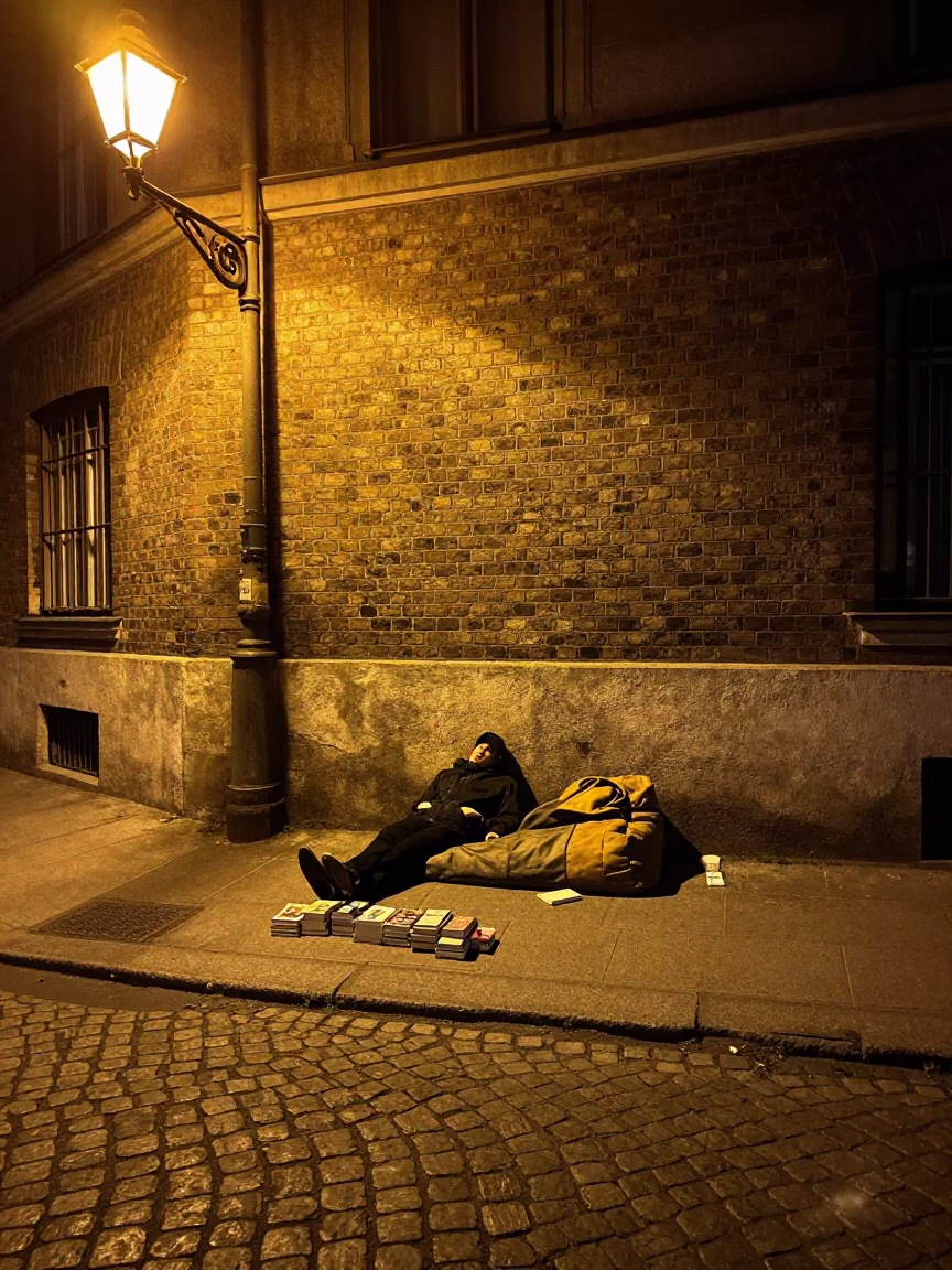 Late Night Vienna Street Scene with Paperbacks and Sleeping Bag in in Vienna, Austria