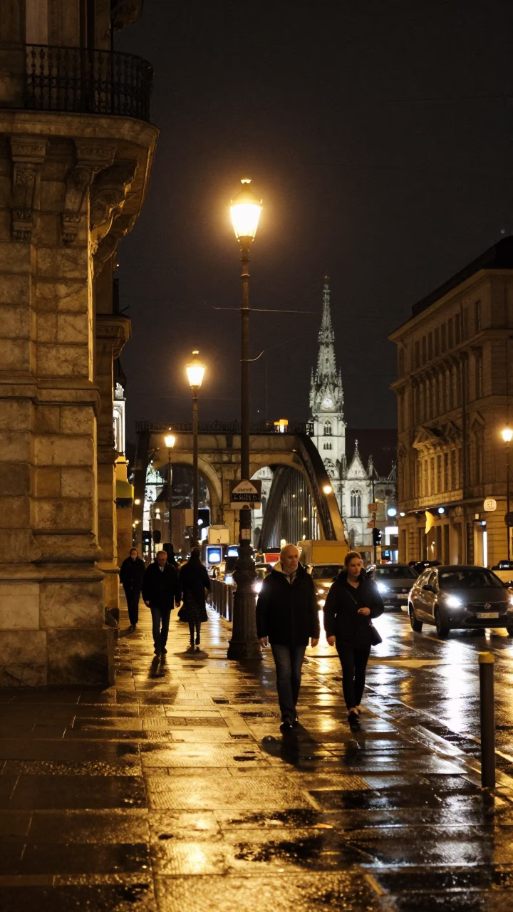 Late Night Vienna Street Scene with Railway Viaduct and City Lights in in Vienna, Austria