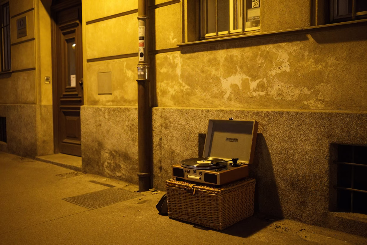 Late Night Vienna Street Scene with Record Player and Coffee Grinder in in Vienna, Austria
