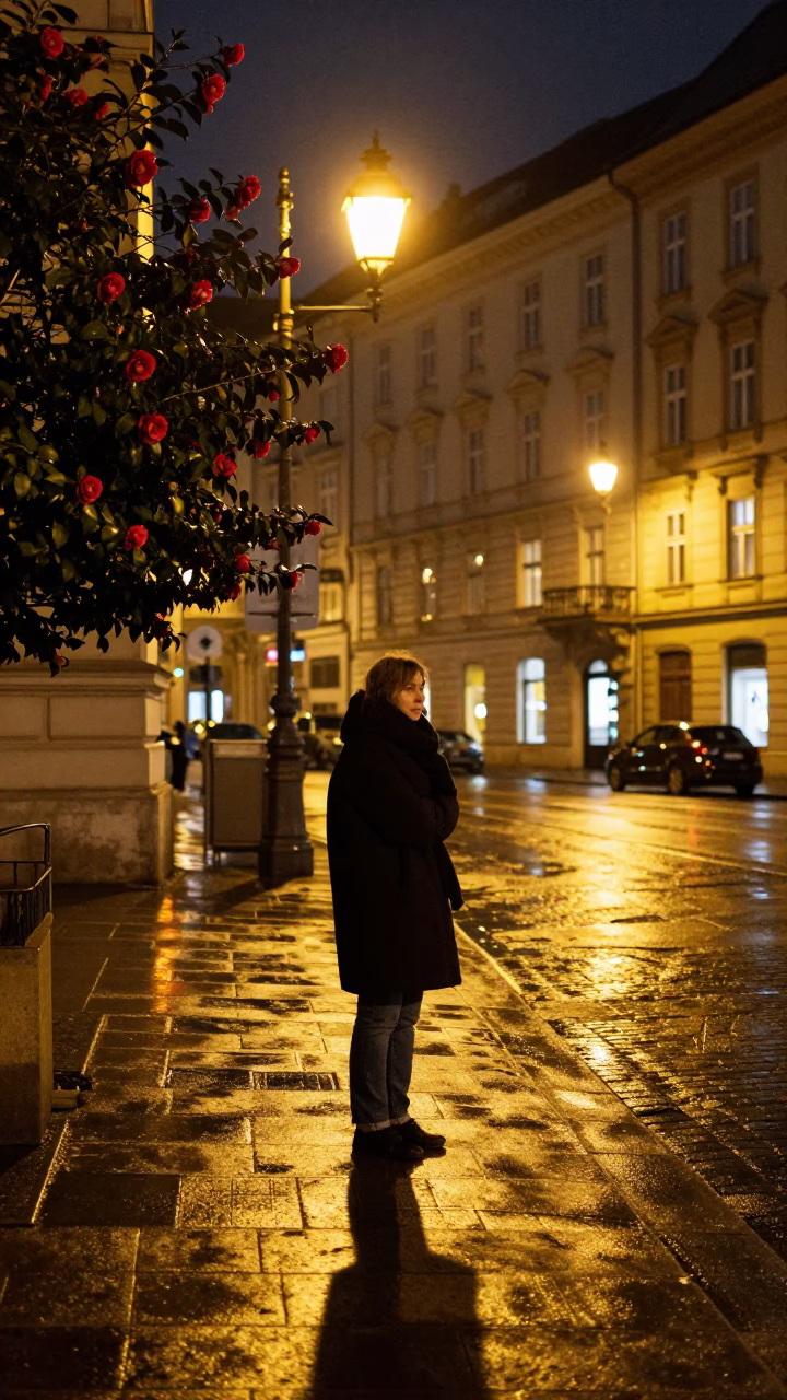 Late Night Vienna Street Scene with Red Camellia and Scarf in Austrian City in in Vienna, Austria