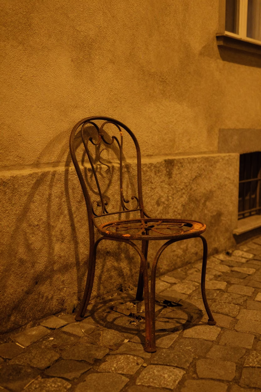 Late Night Vienna Street Scene with Rusted Metal Chair and Patina in in Vienna, Austria