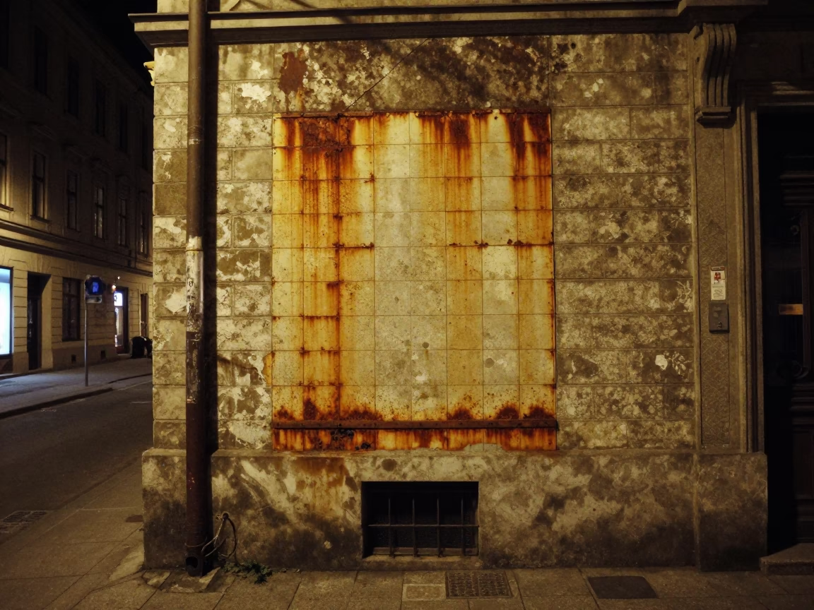 Late Night Vienna Street Scene with Rusty Tile and Glass Vase Reflection in in Vienna, Austria