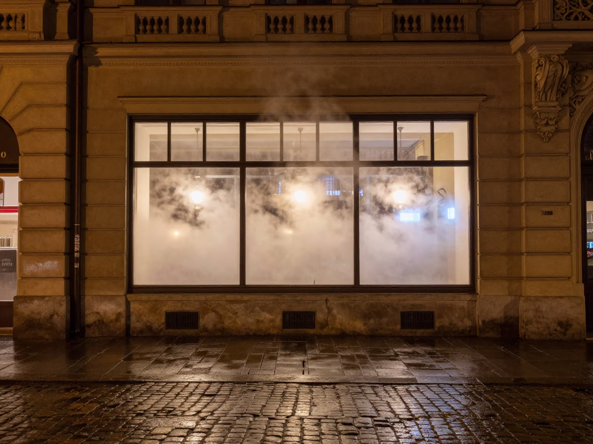 Late Night Vienna Street Scene with Steam Haze Above Window Glass and Urban Reflections in in Vienna, Austria