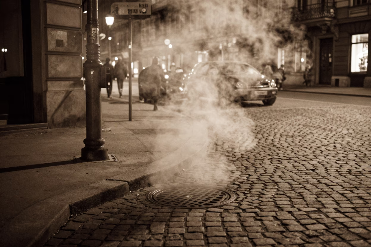 Late Night Vienna Street Scene with Steam Haze and Urban Architecture in in Vienna, Austria