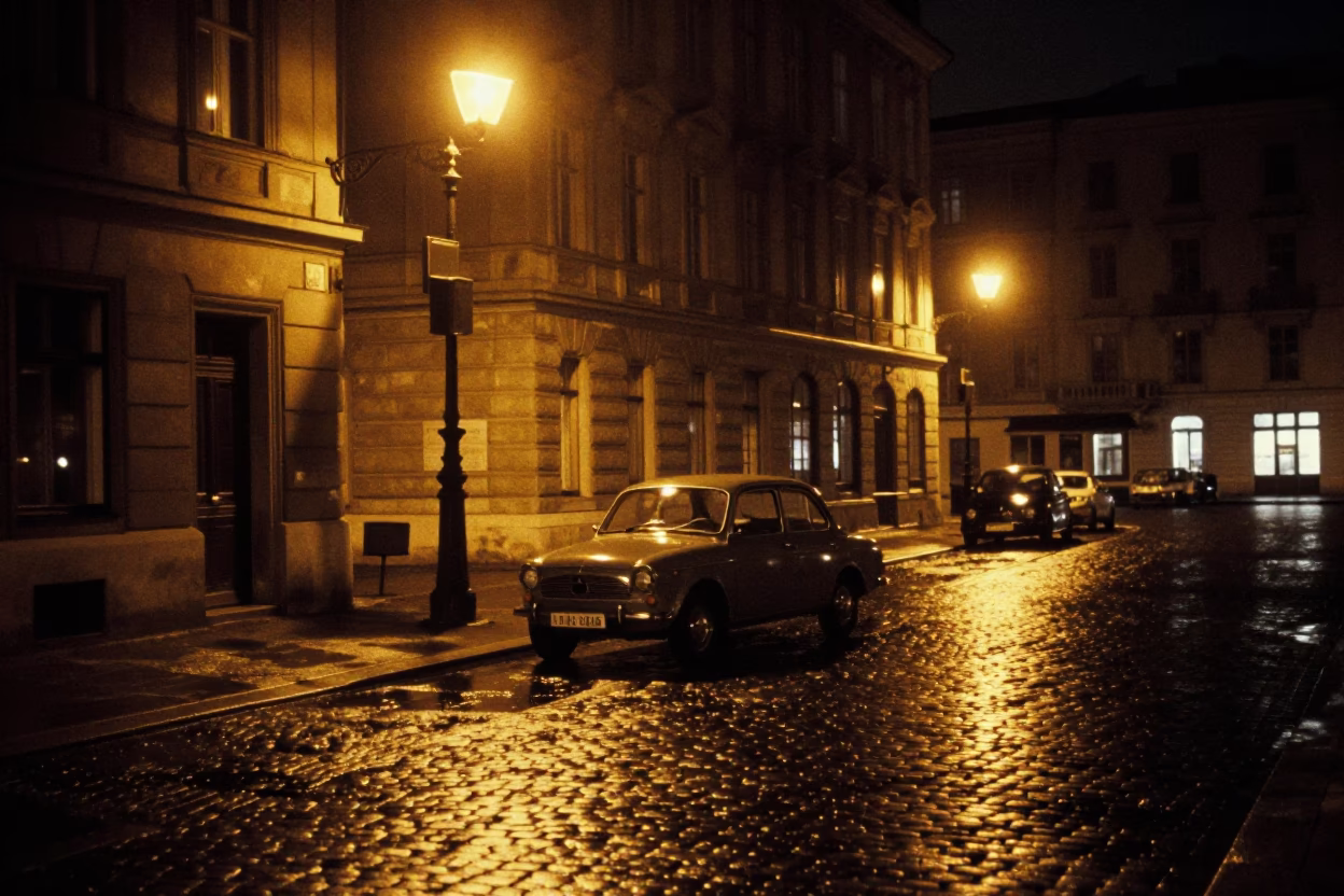 Late Night Vienna Street Scene with Vintage Car and Neon Reflections in in Vienna, Austria