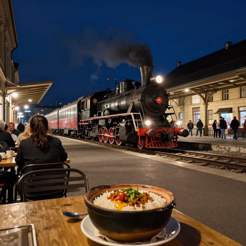 Late Night Vienna Street Scene with Vintage Steam Train and Local Dining Elements in in Vienna, Austria