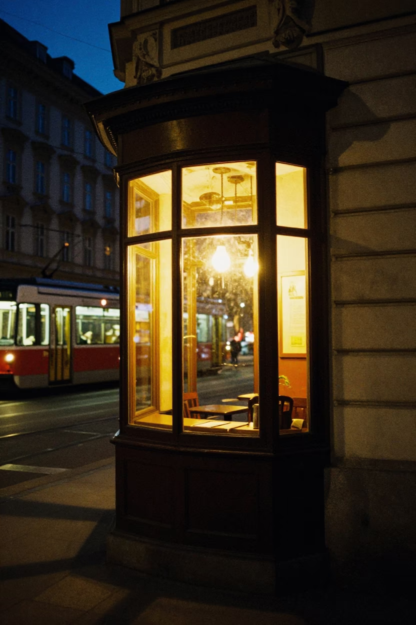 Late Night Vienna Street Scene with Warm Cafe Window Light and Reflections in in Vienna, Austria