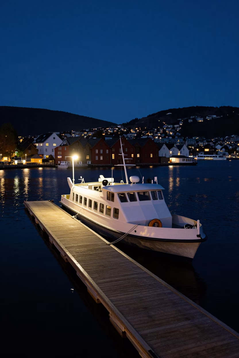 Late Night Water Taxi at Bergen Floating Dock in Norway in in Bergen, Norway