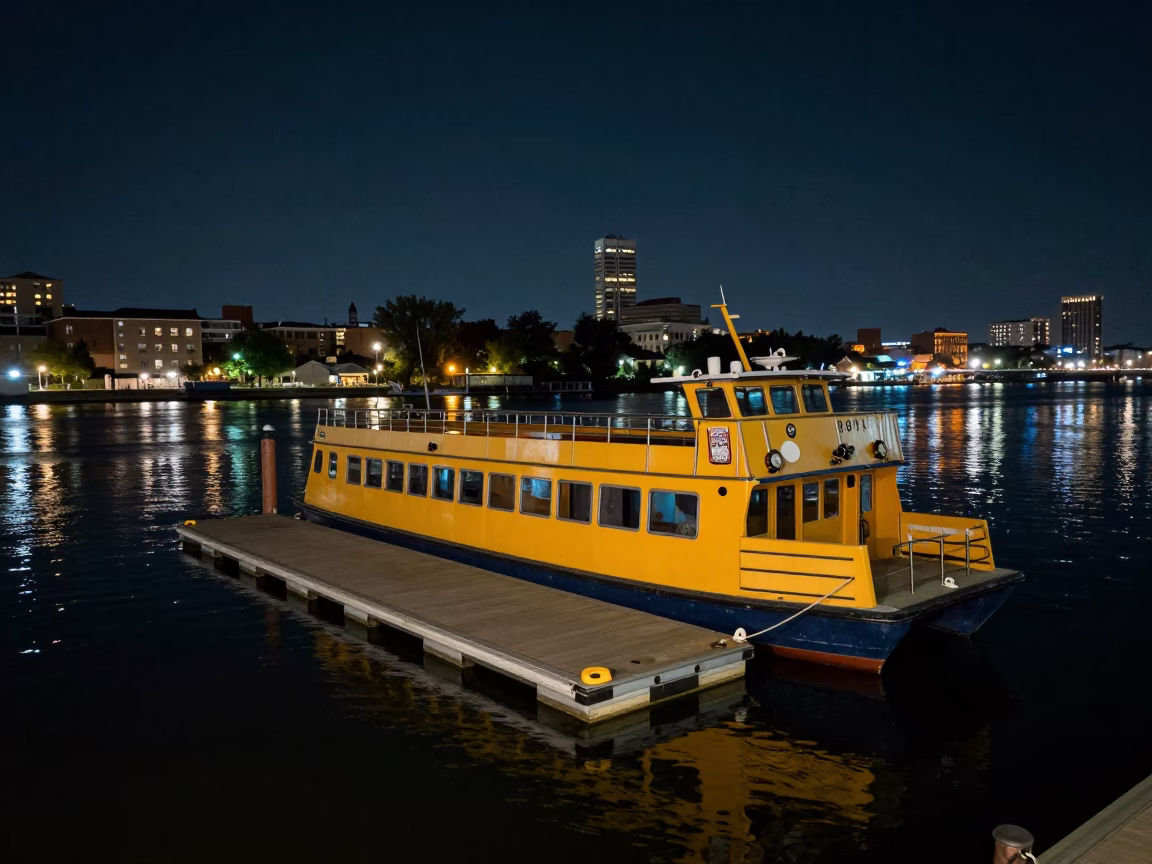 Late Night Water Taxi at Philadelphia Floating Dock Along Schuylkill River in in Philadelphia, Pennsylvania, United States
