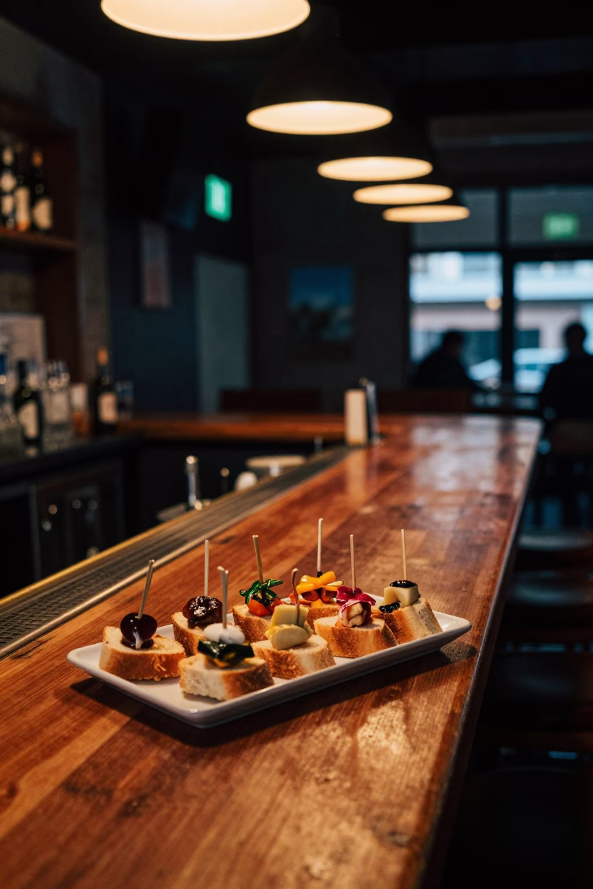 Late Night Wellington Bar Counter with Pintxos Tray and City Lights Reflection in in Wellington, New Zealand
