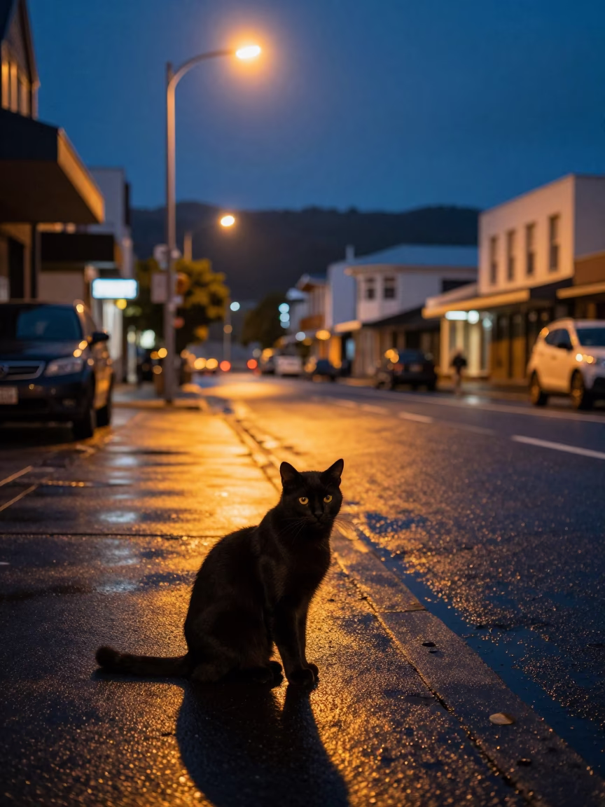 Late Night Wellington Street Scene with Black Cat and Street Furniture in in Wellington, New Zealand