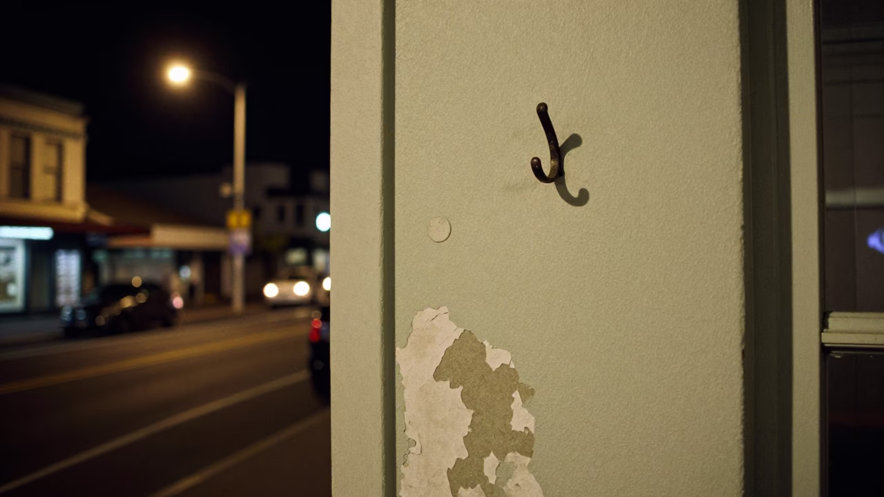 Late Night Wellington Street Scene with Coat Hook and Glass Hinge Details in in Wellington, New Zealand