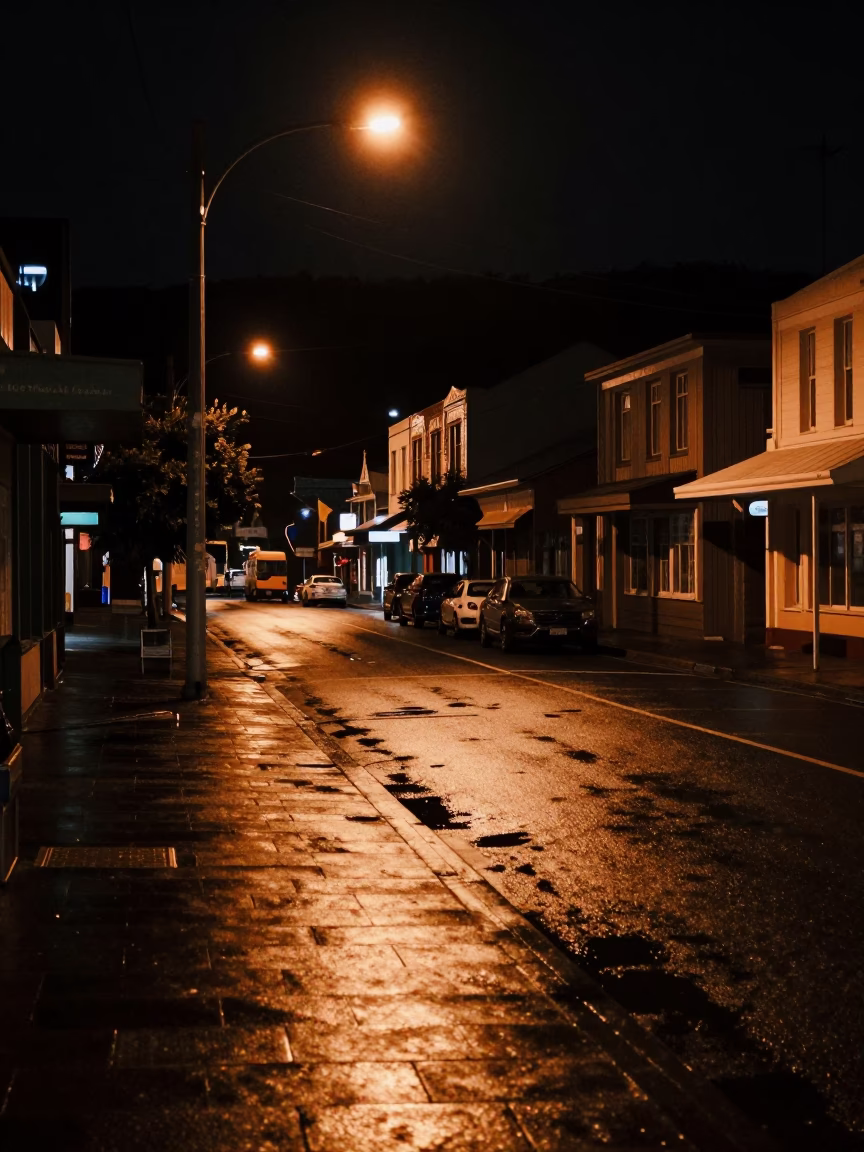 Late Night Wellington Street Scene with Damp Pavement and Distant City Lights in in Wellington, New Zealand