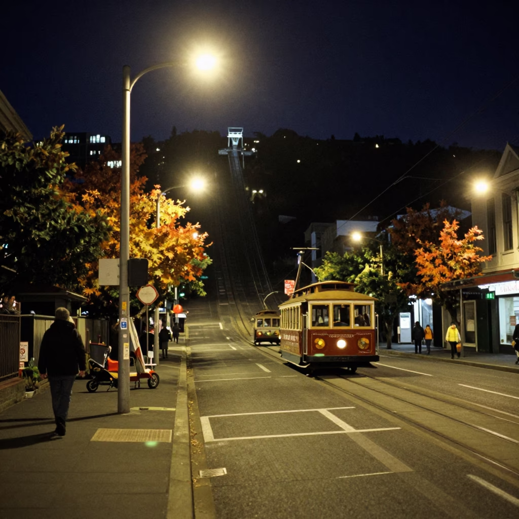 Late Night Wellington Street Scene with Funicular and Autumn Vines in in Wellington, New Zealand