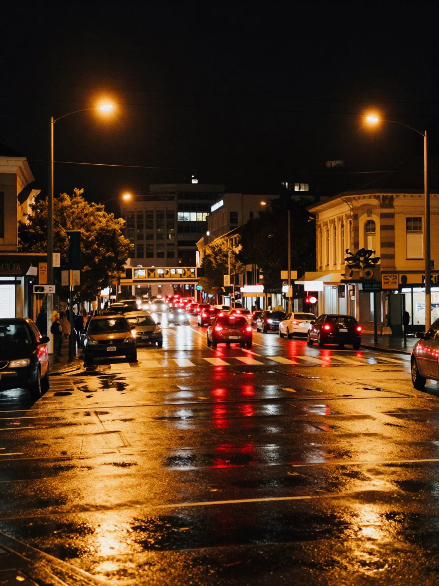 Late Night Wellington Street Scene with Glowing Traffic and Wet Pavement Reflections in in Wellington, New Zealand