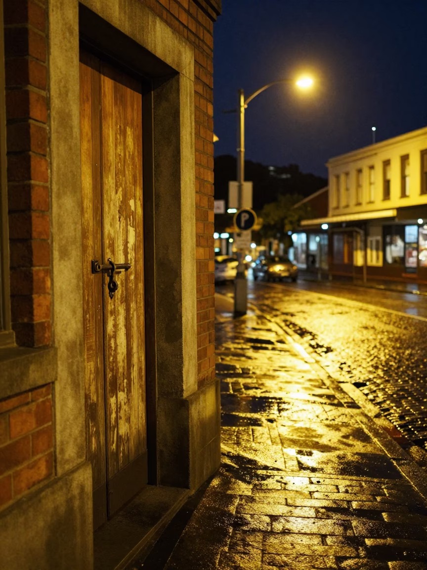 Late Night Wellington Street Scene With Latch And Concrete Wall in in Wellington, New Zealand