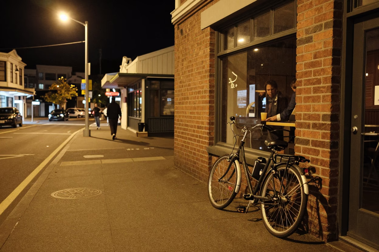 Late Night Wellington Street Scene with Leaning Bicycle and Cafe Exterior in in Wellington, New Zealand