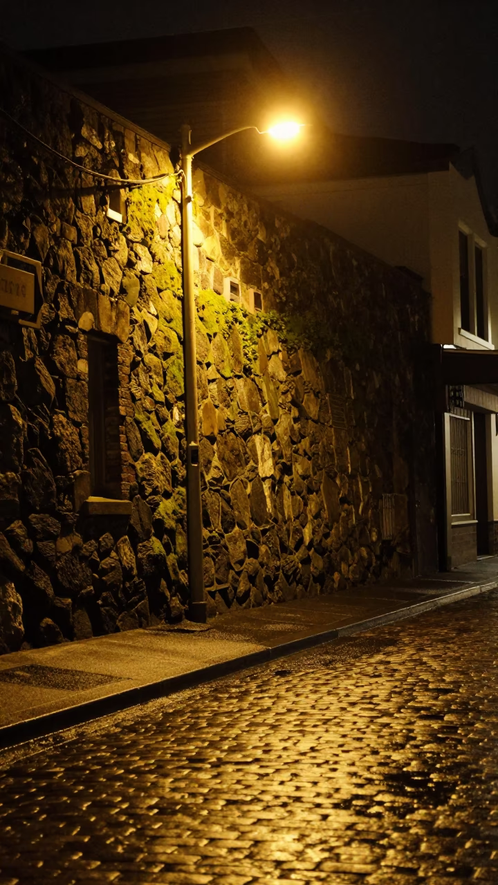 Late Night Wellington Street Scene With Mossy Stone Wall And Urban Ambience in in Wellington, New Zealand