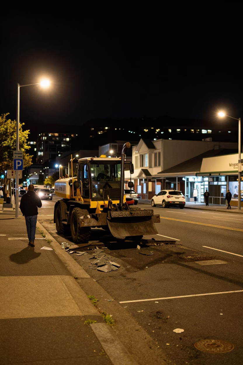 Late Night Wellington Street Scene with Pile Driver and Urban Construction Activity in in Wellington, New Zealand