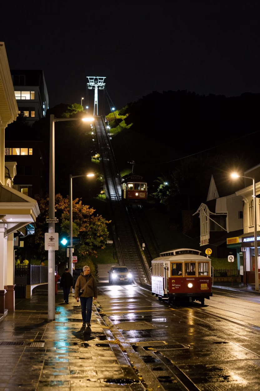 Late Night Wellington Street Scene with Steep Hill and Funicular Railway in in Wellington, New Zealand