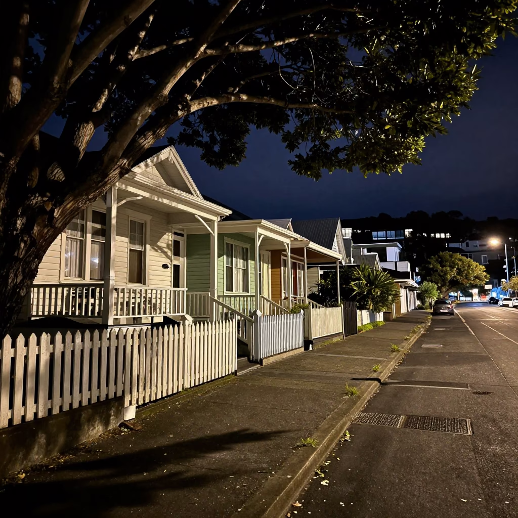 Late Night Wellington Street Scene with Terrace Houses and Streetlights in in Wellington, New Zealand