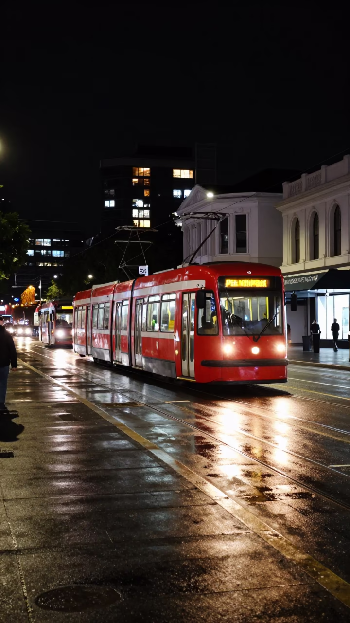 Late Night Wellington Street Scene with Tram and City Lights in in Wellington, New Zealand