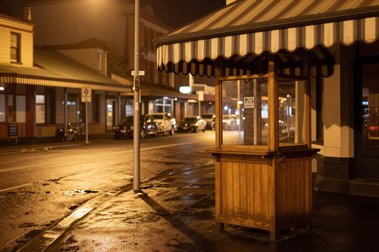 Late Night Wellington Street Scene with Valet Stand and Headlight Streaks in in Wellington, New Zealand