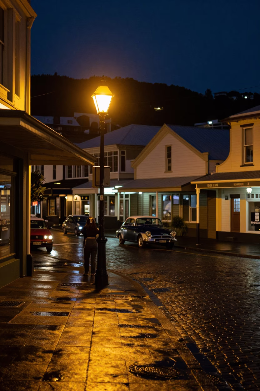 Late Night Wellington Street Scene with Vintage 1950s Ambiance and Local Details in in Wellington, New Zealand