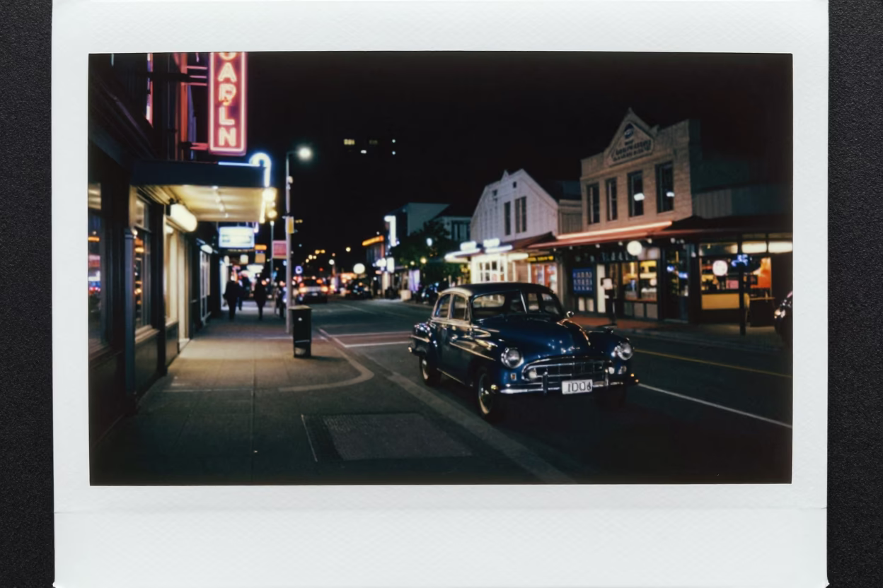 Late Night Wellington Street Scene with Vintage Car and Neon Lights in in Wellington, New Zealand