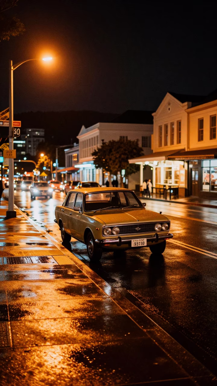 Late Night Wellington Street Scene with Vintage Car and Neon Sign in in Wellington, New Zealand