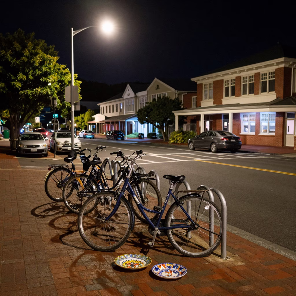 Late Night Wellington Street Scene with Vintage Majolica Plate and Campus Bicycle Rack in in Wellington, New Zealand