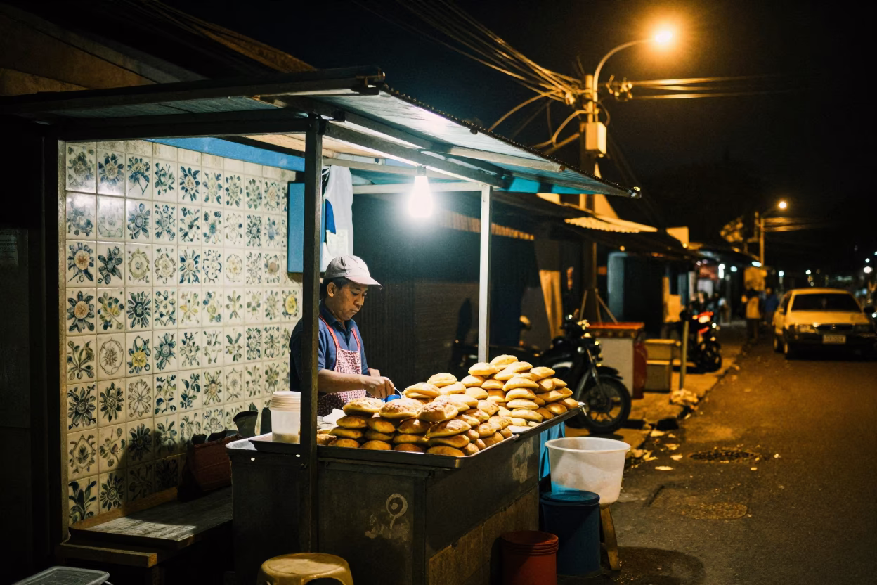 Late Night Yogyakarta Street Scene with Ceramic Tiles and Pastries in in Yogyakarta, Indonesia
