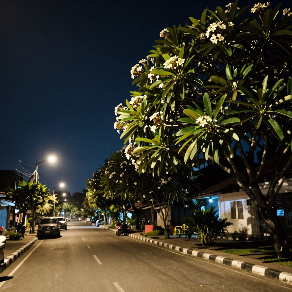 Late Night Yogyakarta Street Scene with Frangipani Tree and School Bell Schedule in in Yogyakarta, Indonesia