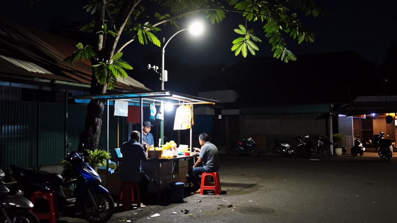 Late Night Yogyakarta Street Scene with Leaf Shadows and Glass Mirror Edge Reflections in in Yogyakarta, Indonesia