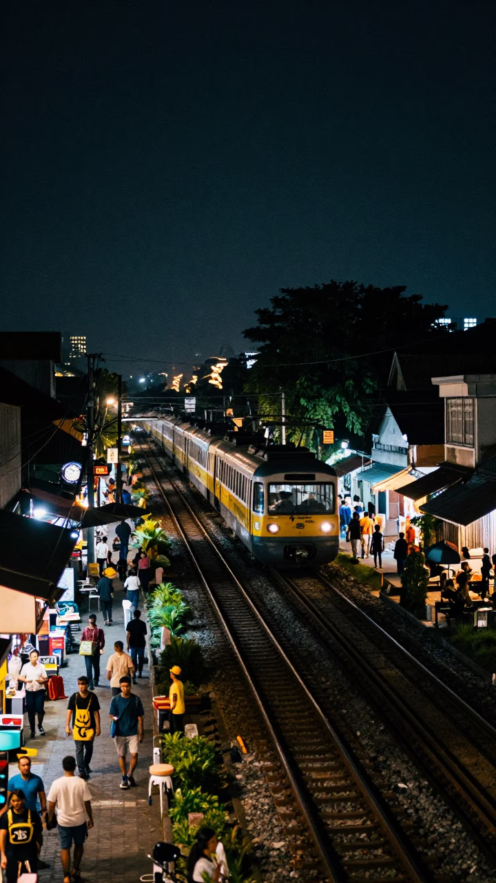 Late Night Yogyakarta Street Scene with Monorail and Local Life in in Yogyakarta, Indonesia