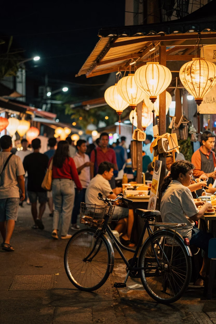 Late Night Yogyakarta Street Scene with Paper Lanterns and Bicycle Locks in in Yogyakarta, Indonesia