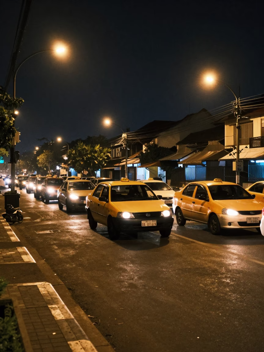 Late Night Yogyakarta Street Scene with Taxi Rank Outside Train Station in in Yogyakarta, Indonesia