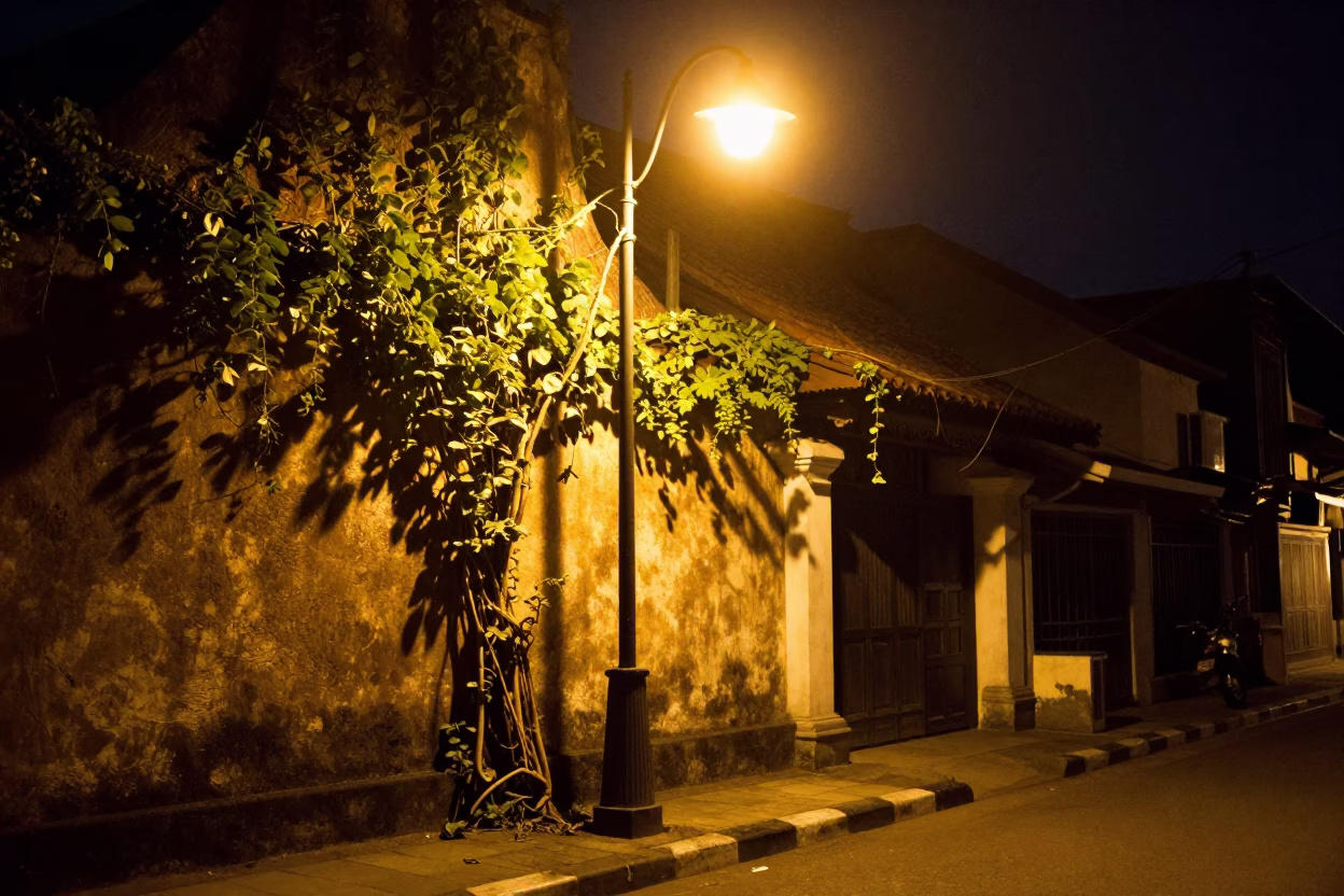 Late Night Yogyakarta Street Scene with Vine and Brass Details in in Yogyakarta, Indonesia