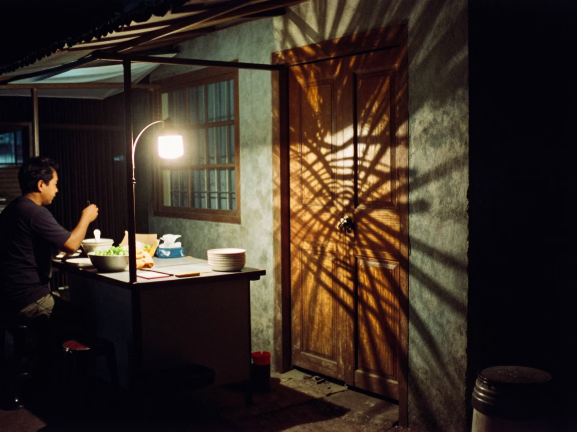 Late Night Yogyakarta Street Scene with Wicker Shadow and Desk Lamp in in Yogyakarta, Indonesia