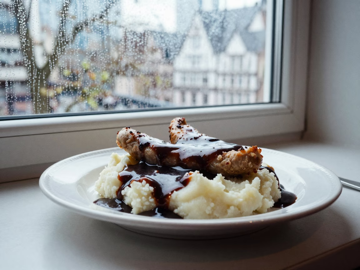 Late Spring Bangers and Mash with Gravy in on a ceramic plate by a window in Frankfurt