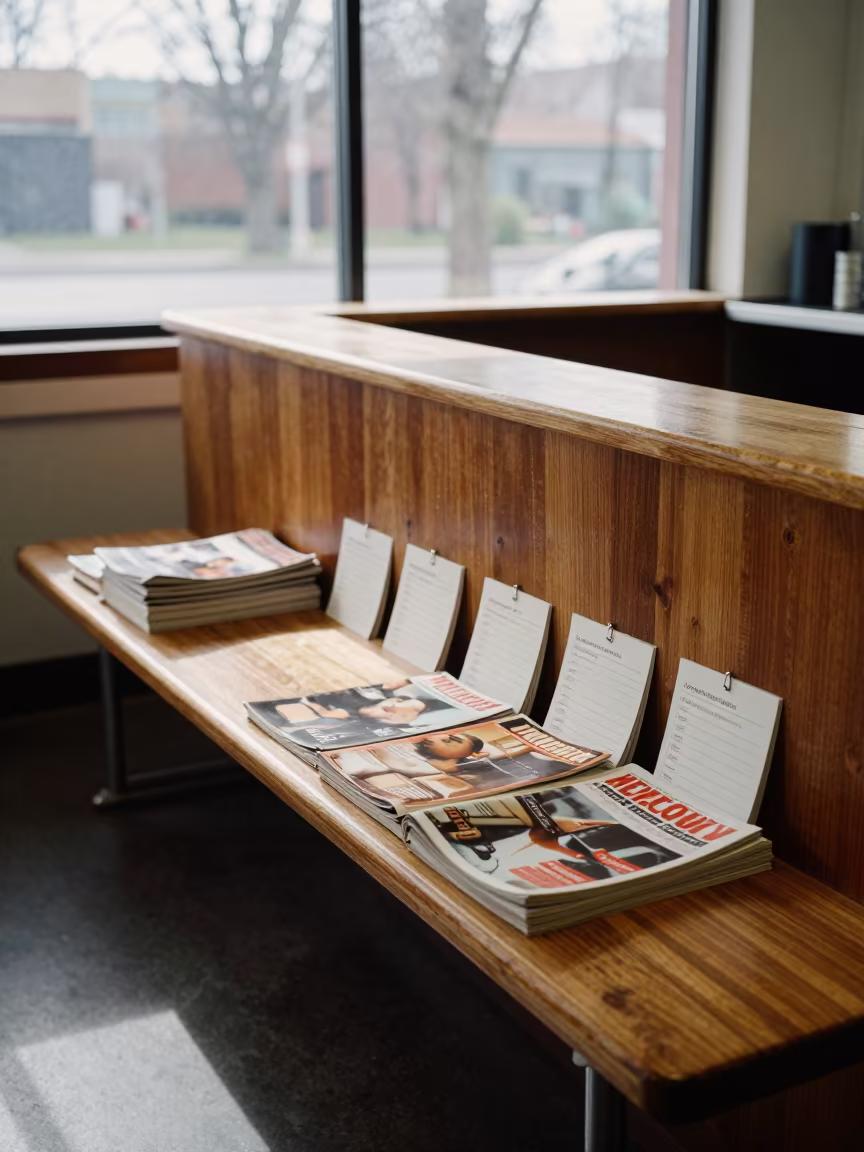 Late Spring Barbershop Bench with Appointment Cards in at a salon reception counter near Barrie